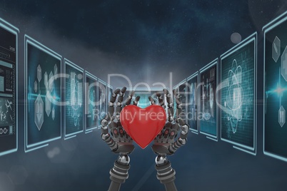 3D robot hands holding a heart against background with medical interfaces