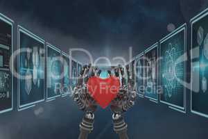 3D robot hands holding a heart against background with medical interfaces