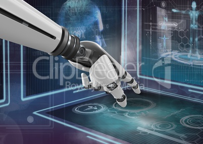 3D robot hand interacting with medical interfaces against purple background with flares