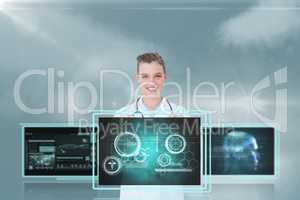 Woman doctor interacting with 3d medical interfaces against sky with flares and clouds