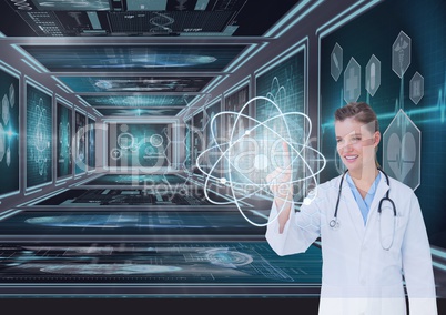 Woman doctor interacting with interfaces against background with medical interfaces 3d