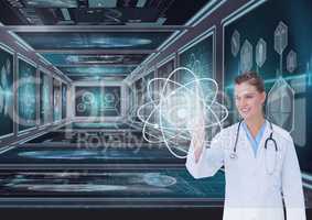 Woman doctor interacting with interfaces against background with medical interfaces 3d