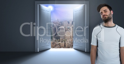 fit man by door opening into cityscape
