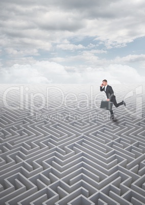 Man running on a 3d maze with clouds