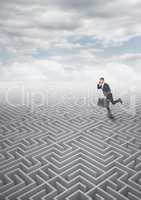 Man running on a 3d maze with clouds
