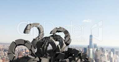 3D Broken concrete stone with Question symbol  in cityscape