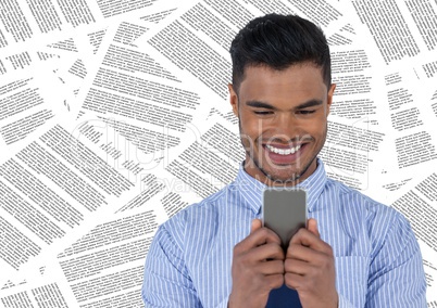 Business man with phone against documents backdrop