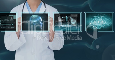 Woman doctor interacting with medical interfaces against bluebackground 3d
