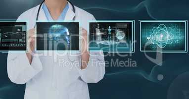 Woman doctor interacting with medical interfaces against bluebackground 3d