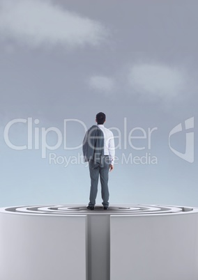 Man standing on a maze against a sky with clouds 3d