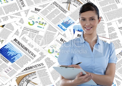 Business woman with clipboard against documents backdrop