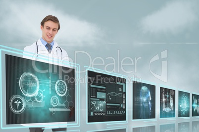 Man doctor interacting with medical interfaces against sky with clouds 3d