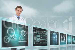 Man doctor interacting with medical interfaces against sky with clouds 3d