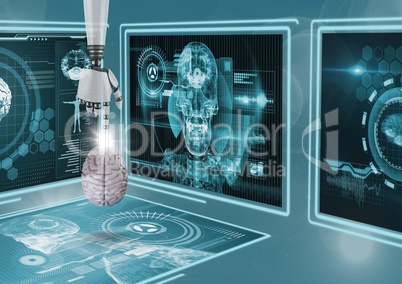 3D robot hand pointing a brain interface against background with medical interfaces 3d