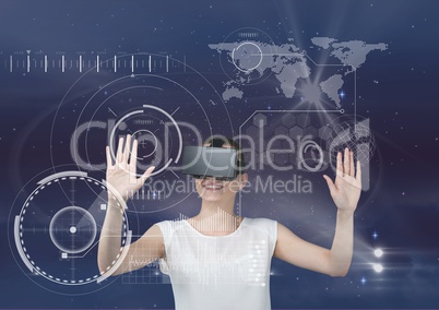 Happy woman in VR headset touching interface against purple sky with stars and flares