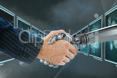 3D robot hand and person shaking hands against background with medical interfaces