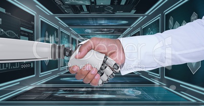 3D robot hand and person shaking hands against background with medical interfaces