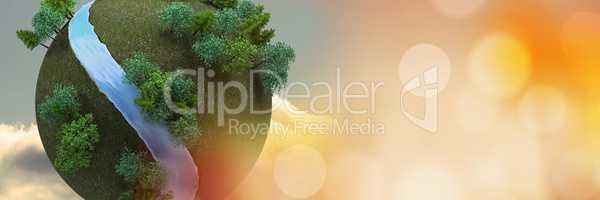Model planet earth with trees and river with orange bokeh 3d