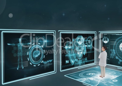 Woman doctor looking at medical interfaces 3d