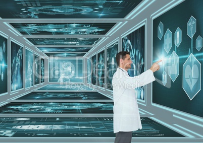 Man doctor interacting with medical interfaces 3d