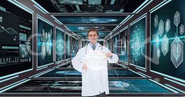 Man doctor interacting with 3D interfaces against background with medical interfaces