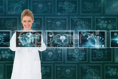 Woman doctor interacting with medical interfaces against background with 3D medical interfaces