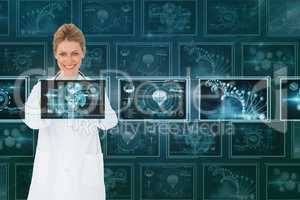 Woman doctor interacting with medical interfaces against background with 3D medical interfaces
