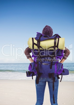 Back of millennial backpacker looking at beach