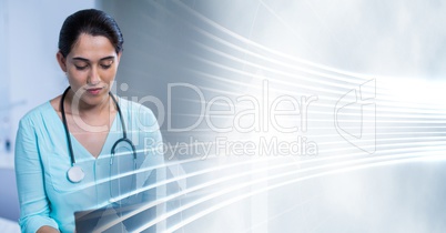 Doctor using tablet with white interface transition