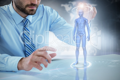 Composite 3d image of businessman pretending to touch invisible object at desk