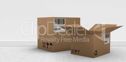 Composite 3d image of digital image of open courier cardboard box
