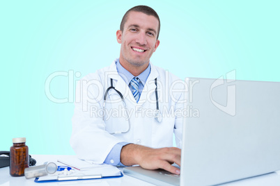 Composite 3d image of portrait of smiling businessman using laptop