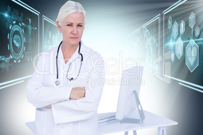 Composite 3d image of portrait of confident female doctor standing by desk