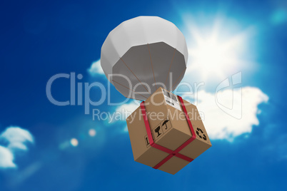 Composite 3d image of parachute carrying cardboard box