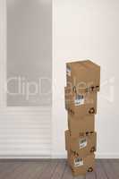 Composite image of packed brown cardboard boxes on white background