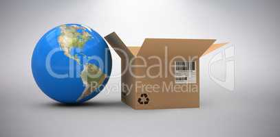 Composite image of 3d image of globe by cardboard box