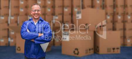 Composite image of smiling warehouse manager standing with arms crossed