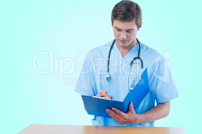 Composite 3d image of handsome surgeon writing on clipboard