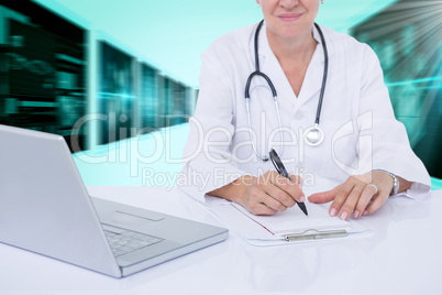 Composite 3d image of midsection of female doctor writing prescription at desk