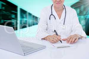 Composite 3d image of midsection of female doctor writing prescription at desk