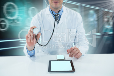 Composite 3d image of doctor examining with stethoscope
