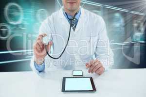 Composite 3d image of doctor examining with stethoscope