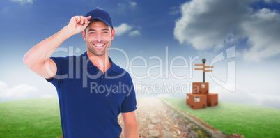 Composite image of portrait of happy delivery man wearing cap