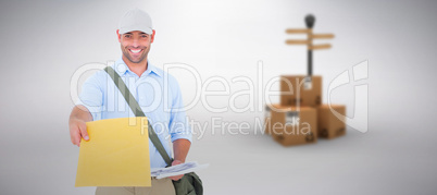 Composite image of portrait of postman delivering letter