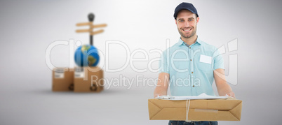 Composite image of handsome courier man with parcel