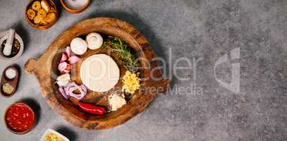 Ingredients in wooden containers on table