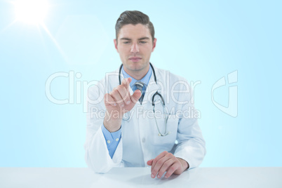 Composite 3d image of doctor using digital tablet against white background