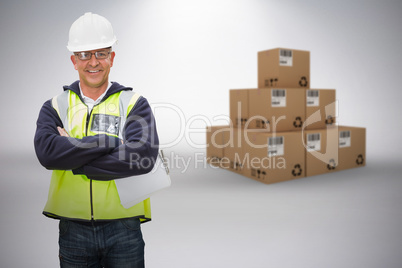 Composite 3d image of worker wearing hard hat in warehouse