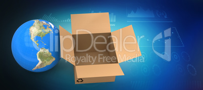 Composite image of 3d image of globe with empty cardboard box