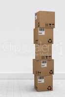 Composite image of pile of cardboard boxes on white background